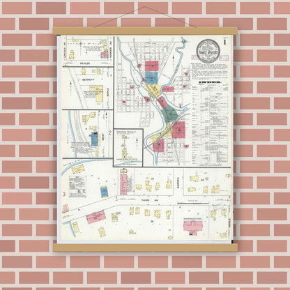 Old map wall art mockup — magnetic wood frame on brick wall — Sanborn Fire Insurance Map from Three Rivers, Saint Joseph County, Michigan (1909), Sheet #0001