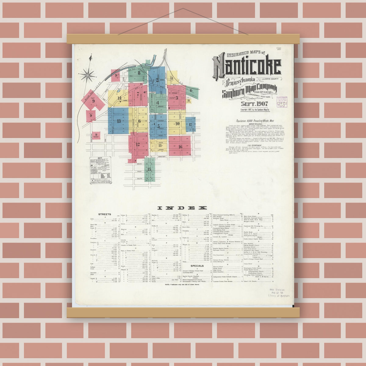 Old map wall art mockup — magnetic wood frame on brick wall — Sanborn Fire Insurance Map from Nanticoke, Luzerne County, Pennsylvania (1907), Sheet #0001