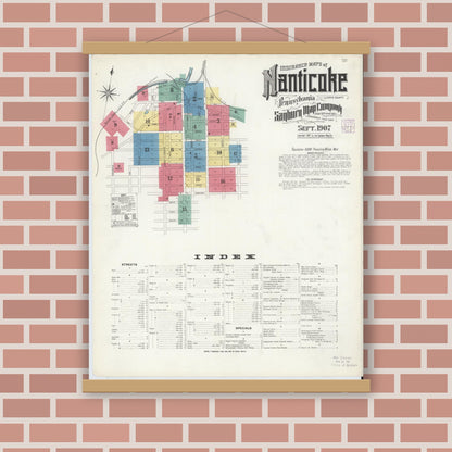 Old map wall art mockup — magnetic wood frame on brick wall — Sanborn Fire Insurance Map from Nanticoke, Luzerne County, Pennsylvania (1907), Sheet #0001