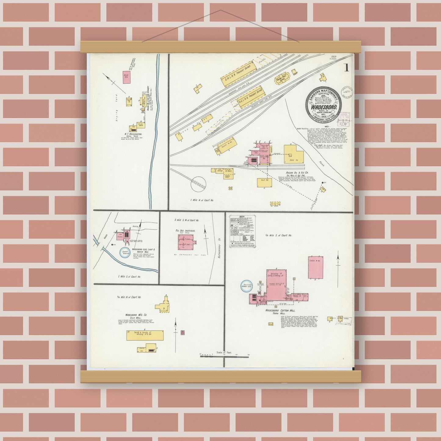 Old map wall art mockup — magnetic wood frame on brick wall — Sanborn Fire Insurance Map from Wadesboro, Anson County, North Carolina (1902) - Complete Map Set