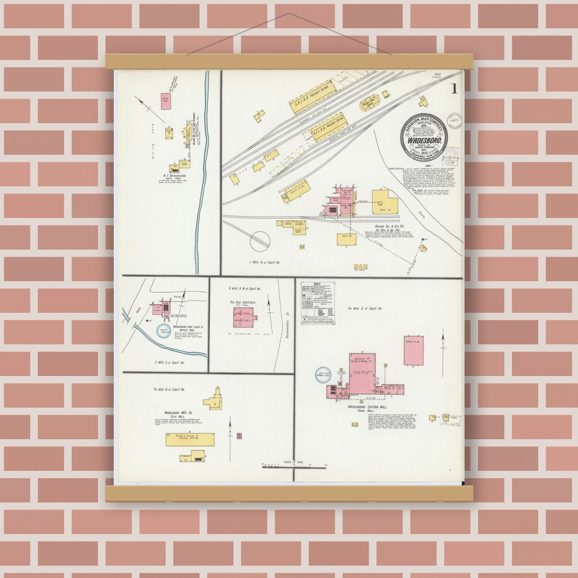 Old map wall art mockup — magnetic wood frame on brick wall — Sanborn Fire Insurance Map from Wadesboro, Anson County, North Carolina (1902) - Complete Map Set