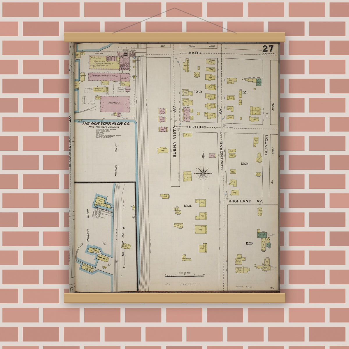 Old map wall art mockup — magnetic wood frame on brick wall — Sanborn Fire Insurance Map from Yonkers, Westchester County, New York (1886), Sheet #0027