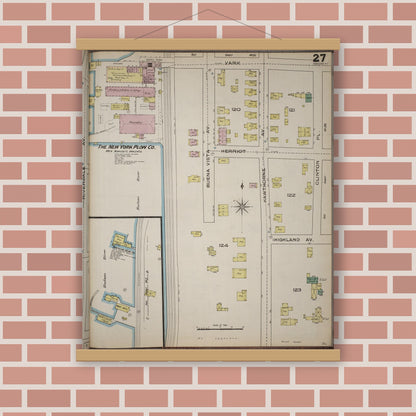 Old map wall art mockup — magnetic wood frame on brick wall — Sanborn Fire Insurance Map from Yonkers, Westchester County, New York (1886), Sheet #0027