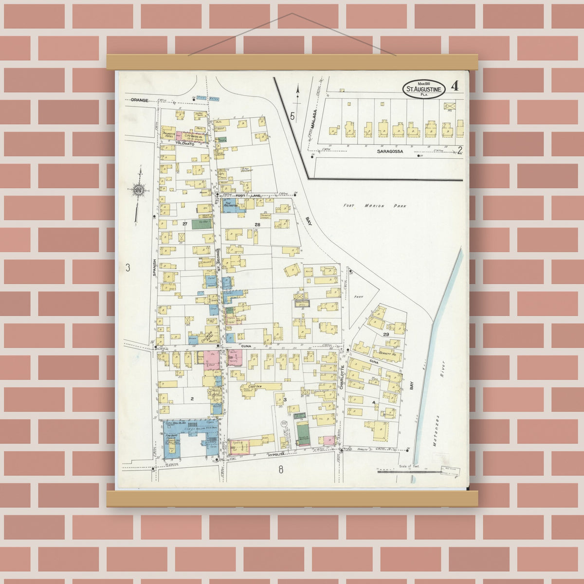 Old map wall art mockup — magnetic wood frame on brick wall — Sanborn Fire Insurance Map from Saint Augustine, Saint John's County, Florida (1910), Sheet #0004