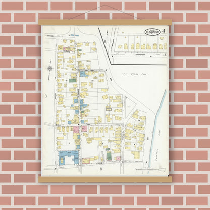 Old map wall art mockup — magnetic wood frame on brick wall — Sanborn Fire Insurance Map from Saint Augustine, Saint John's County, Florida (1910), Sheet #0004
