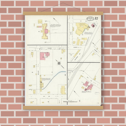 Old map wall art mockup — magnetic wood frame on brick wall — Sanborn Fire Insurance Map from Wytheville, Wythe County, Virginia (1913), Sheet #0012