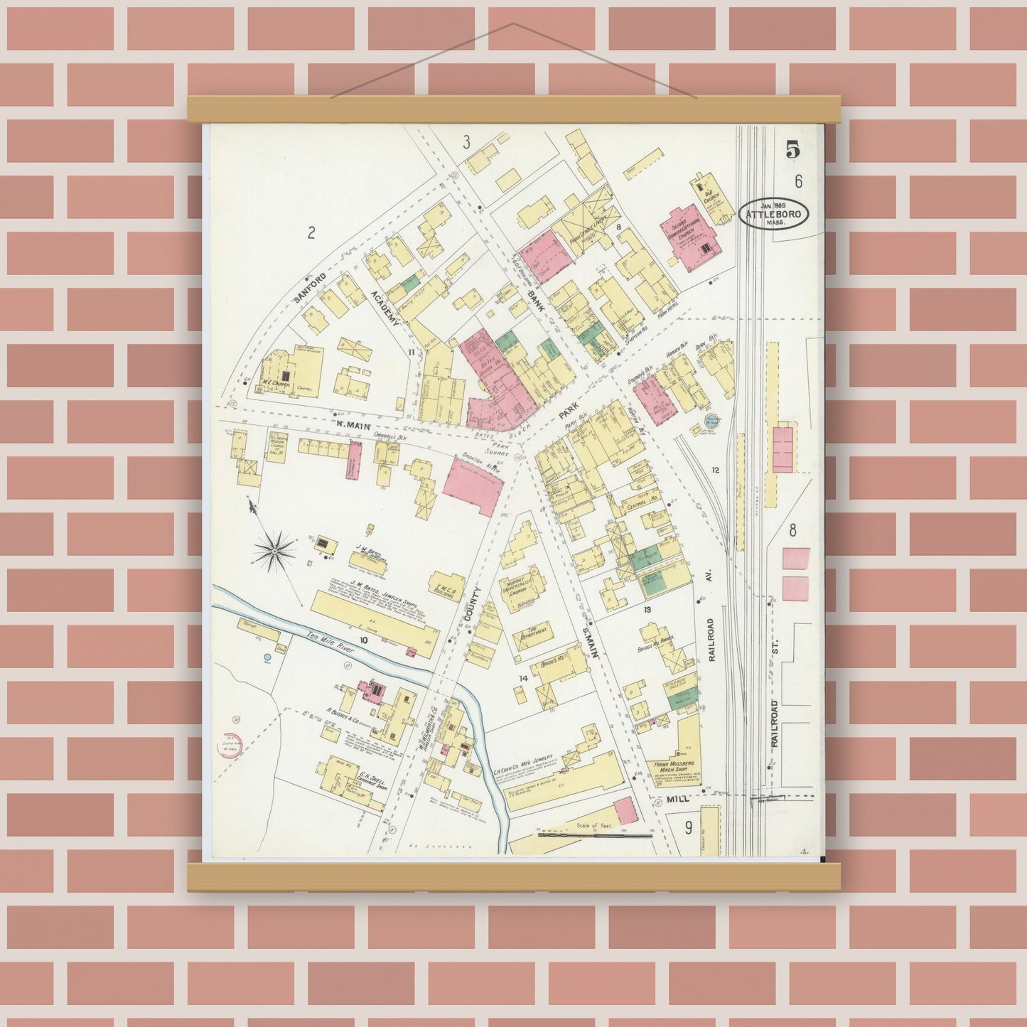 Old map wall art mockup — magnetic wood frame on brick wall — Sanborn Fire Insurance Map from Attleboro, Bristol County, Massachusetts (1905), Sheet #0005