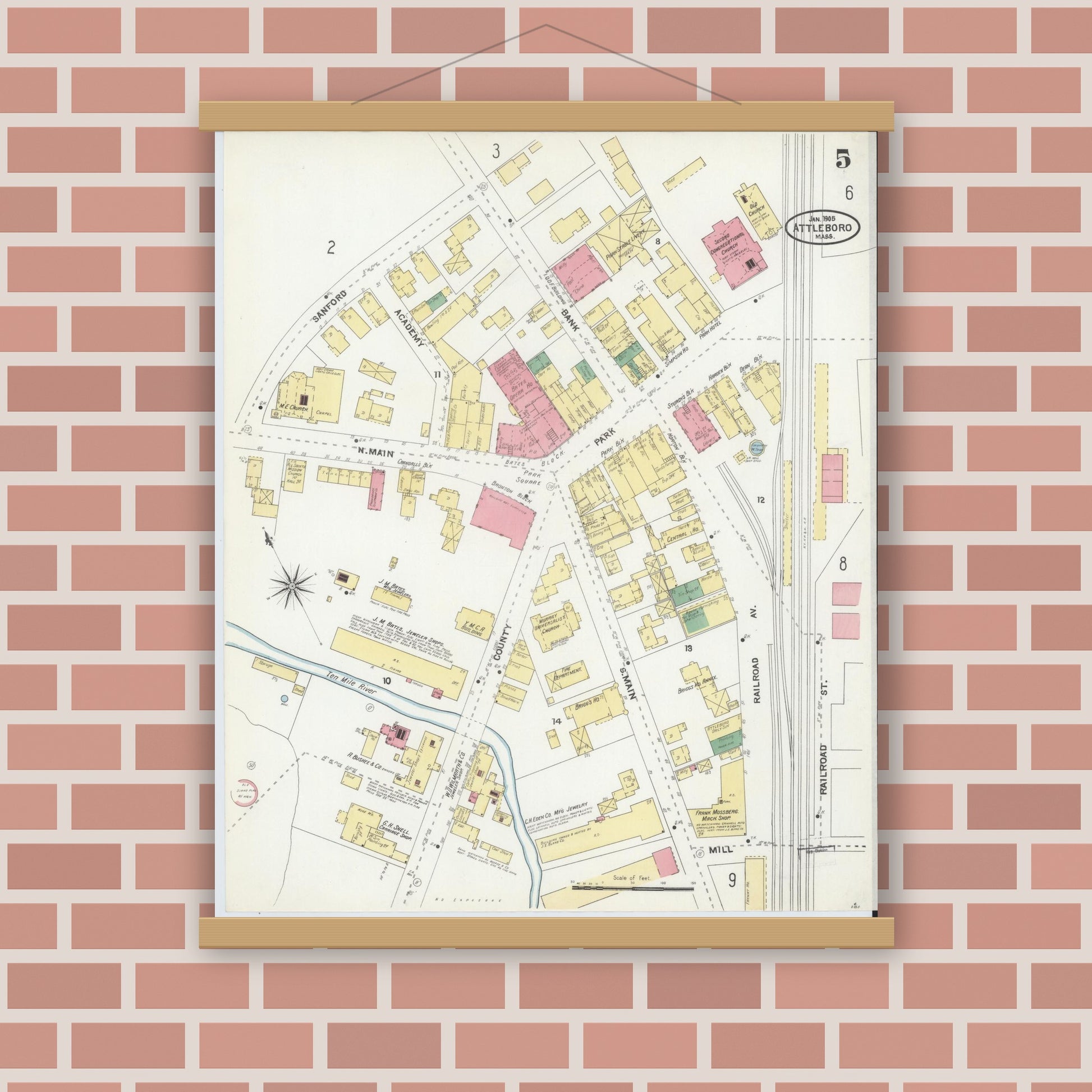 Old map wall art mockup — magnetic wood frame on brick wall — Sanborn Fire Insurance Map from Attleboro, Bristol County, Massachusetts (1905), Sheet #0005