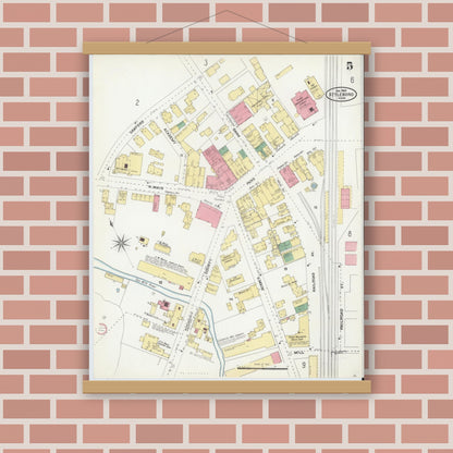 Old map wall art mockup — magnetic wood frame on brick wall — Sanborn Fire Insurance Map from Attleboro, Bristol County, Massachusetts (1905), Sheet #0005