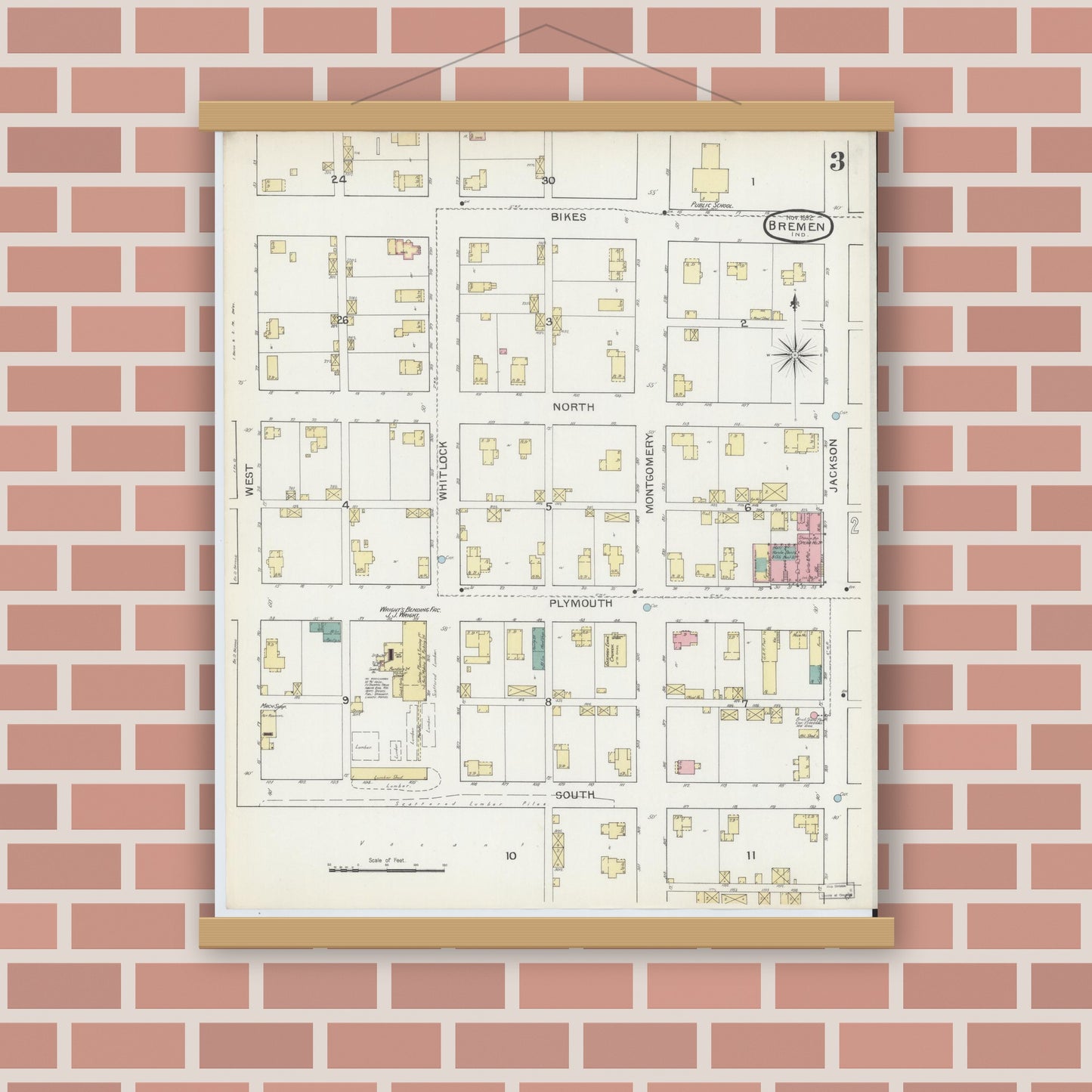 Old map wall art mockup — magnetic wood frame on brick wall — Sanborn Fire Insurance Map from Bremen, Marshall County, Indiana (1892), Sheet #0003