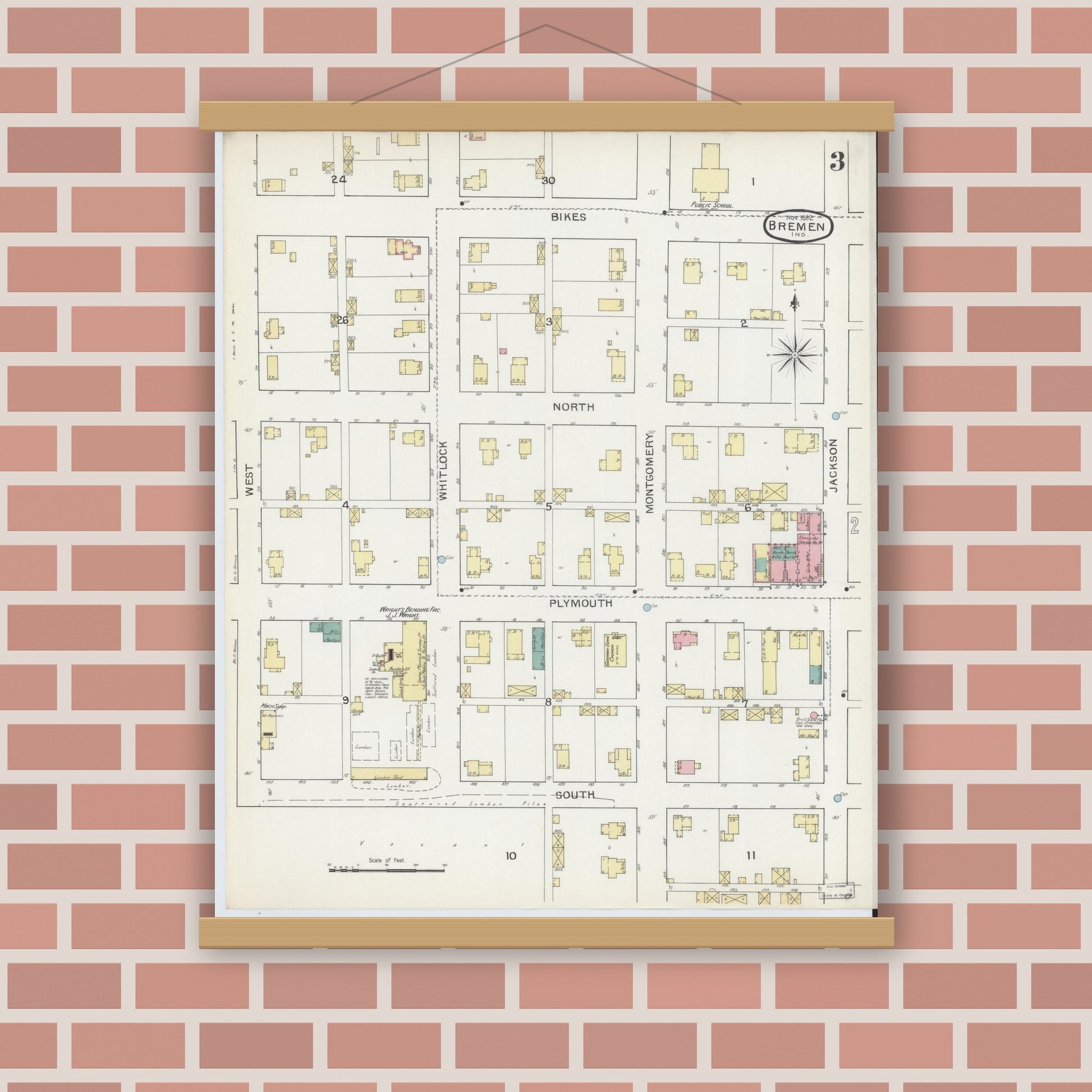 Old map wall art mockup — magnetic wood frame on brick wall — Sanborn Fire Insurance Map from Bremen, Marshall County, Indiana (1892), Sheet #0003