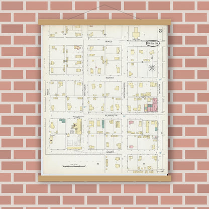 Old map wall art mockup — magnetic wood frame on brick wall — Sanborn Fire Insurance Map from Bremen, Marshall County, Indiana (1892), Sheet #0003