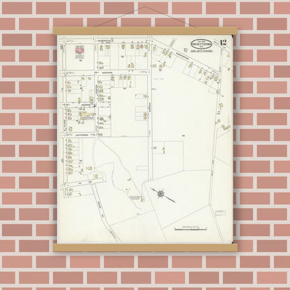 Old map wall art mockup — magnetic wood frame on brick wall — Sanborn Fire Insurance Map from Hackettstown, Warren County, New Jersey (1914), Sheet #0012