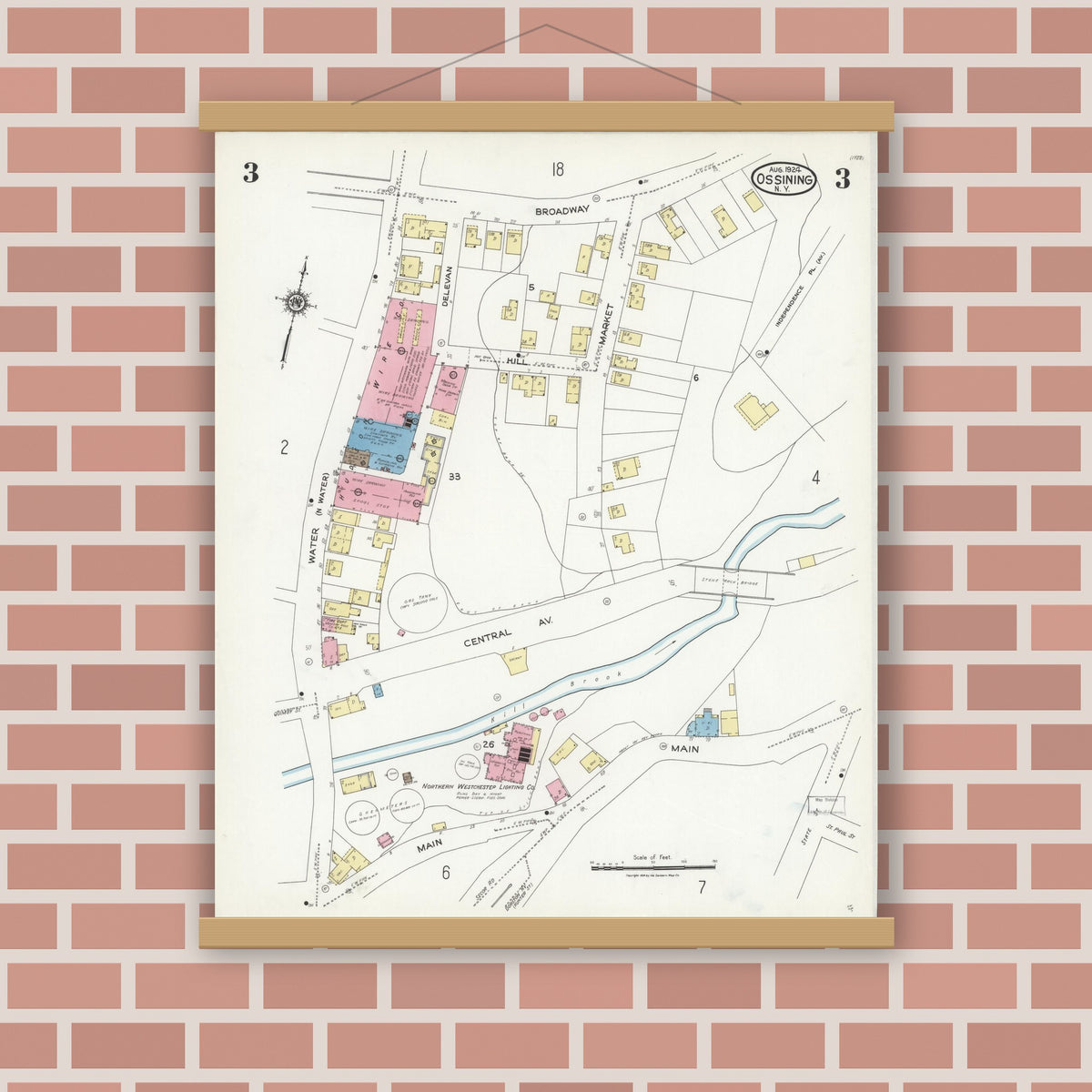 Old map wall art mockup — magnetic wood frame on brick wall — Sanborn Fire Insurance Map from Ossining, Westchester County, New York (1924), Sheet #0003