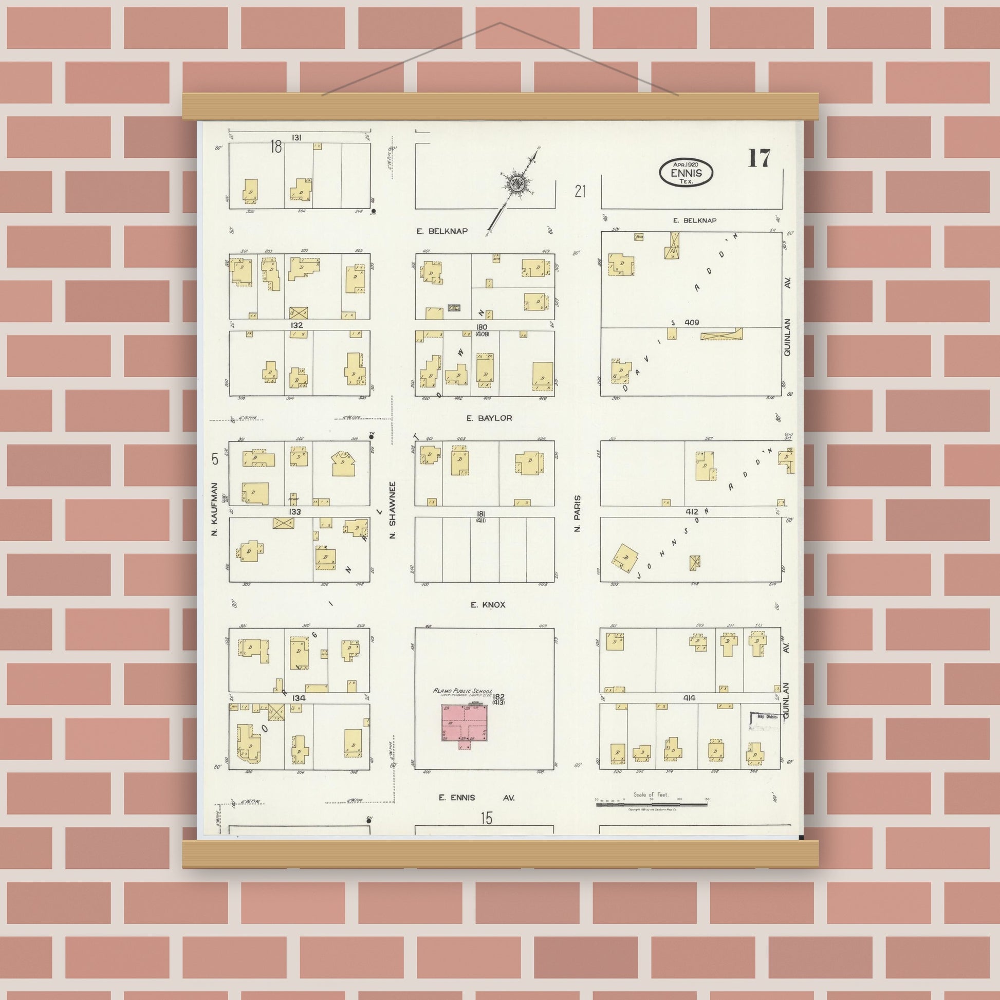 Old map wall art mockup — magnetic wood frame on brick wall — Sanborn Fire Insurance Map from Ennis, Ellis County, Texas (1920), Sheet #0017