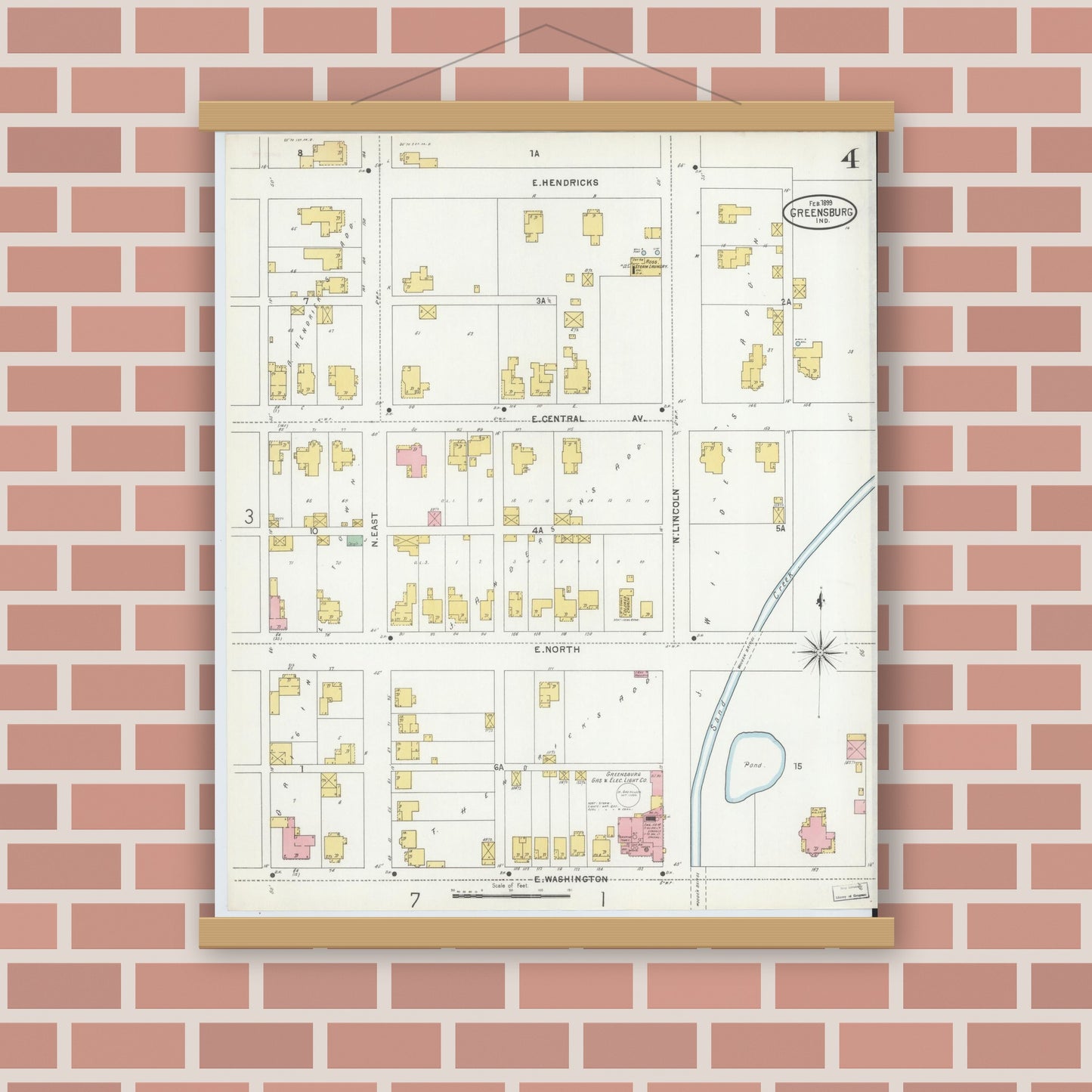Old map wall art mockup — magnetic wood frame on brick wall — Sanborn Fire Insurance Map from Greensburg, Decatur County, Indiana (1899), Sheet #0004