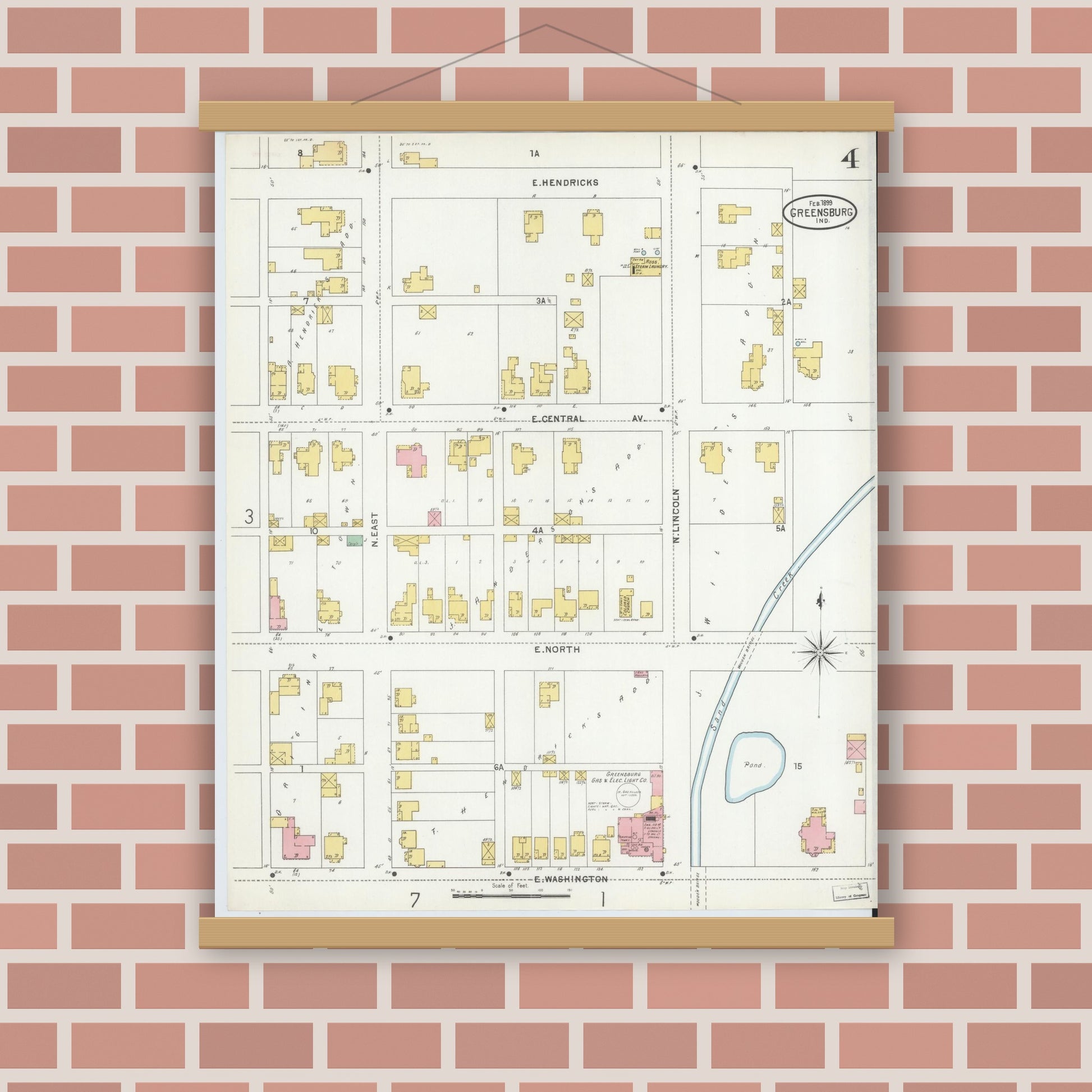 Old map wall art mockup — magnetic wood frame on brick wall — Sanborn Fire Insurance Map from Greensburg, Decatur County, Indiana (1899), Sheet #0004