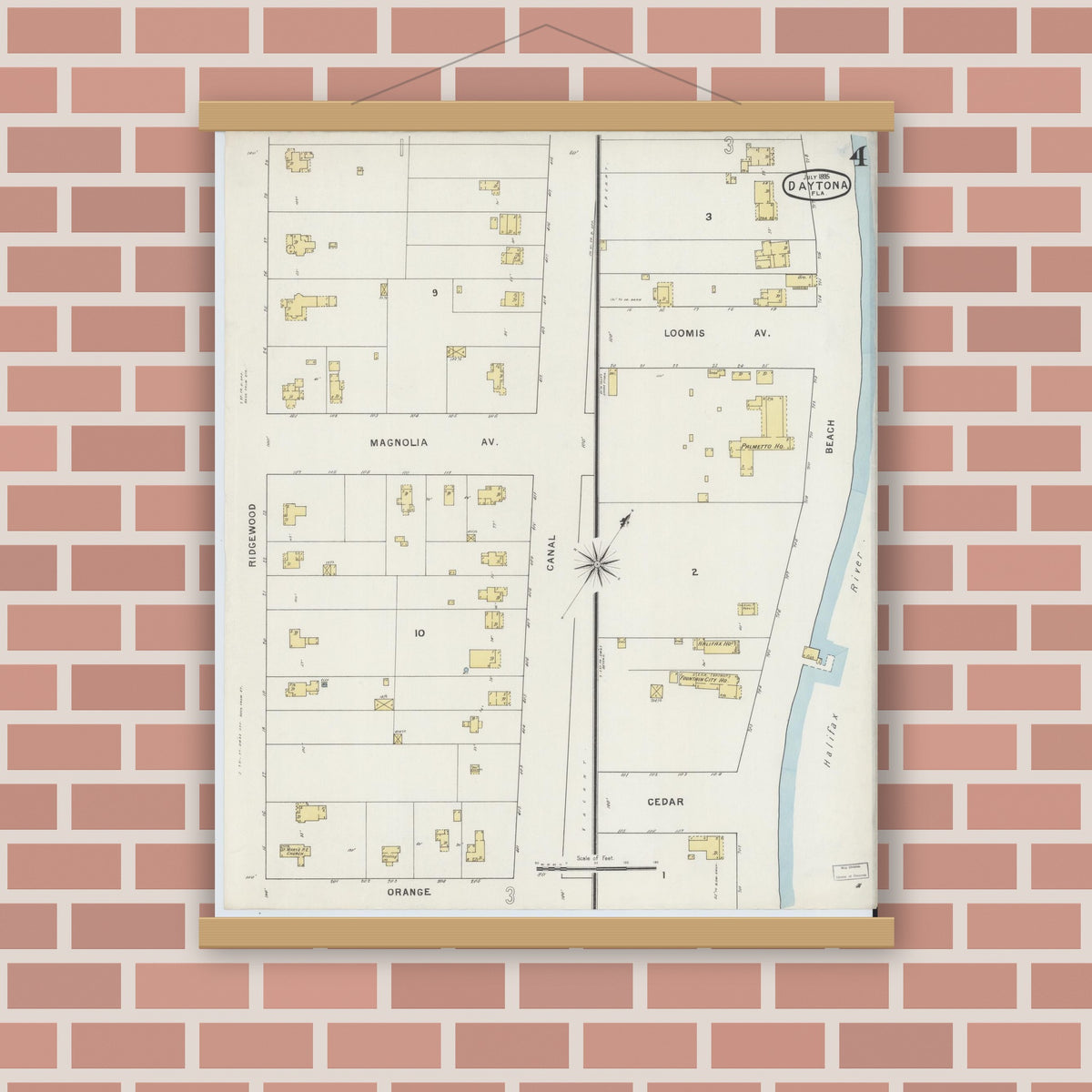 Old map wall art mockup — magnetic wood frame on brick wall — Sanborn Fire Insurance Map from Daytona, Volusia County, Florida (1895), Sheet #0004