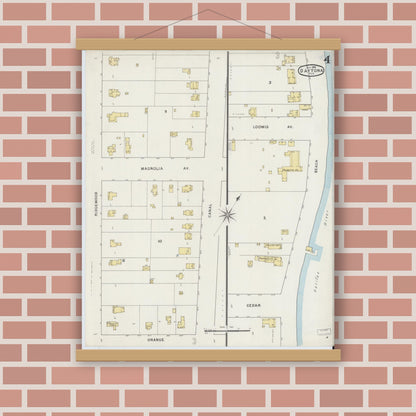 Old map wall art mockup — magnetic wood frame on brick wall — Sanborn Fire Insurance Map from Daytona, Volusia County, Florida (1895), Sheet #0004