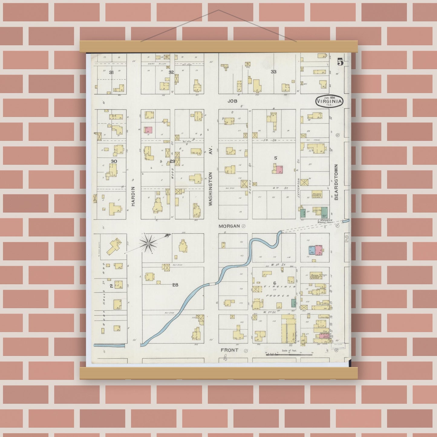 Old map wall art mockup — magnetic wood frame on brick wall — Sanborn Fire Insurance Map from Virginia, Cass County, Illinois (1894), Sheet #0005