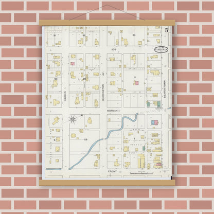 Old map wall art mockup — magnetic wood frame on brick wall — Sanborn Fire Insurance Map from Virginia, Cass County, Illinois (1894), Sheet #0005