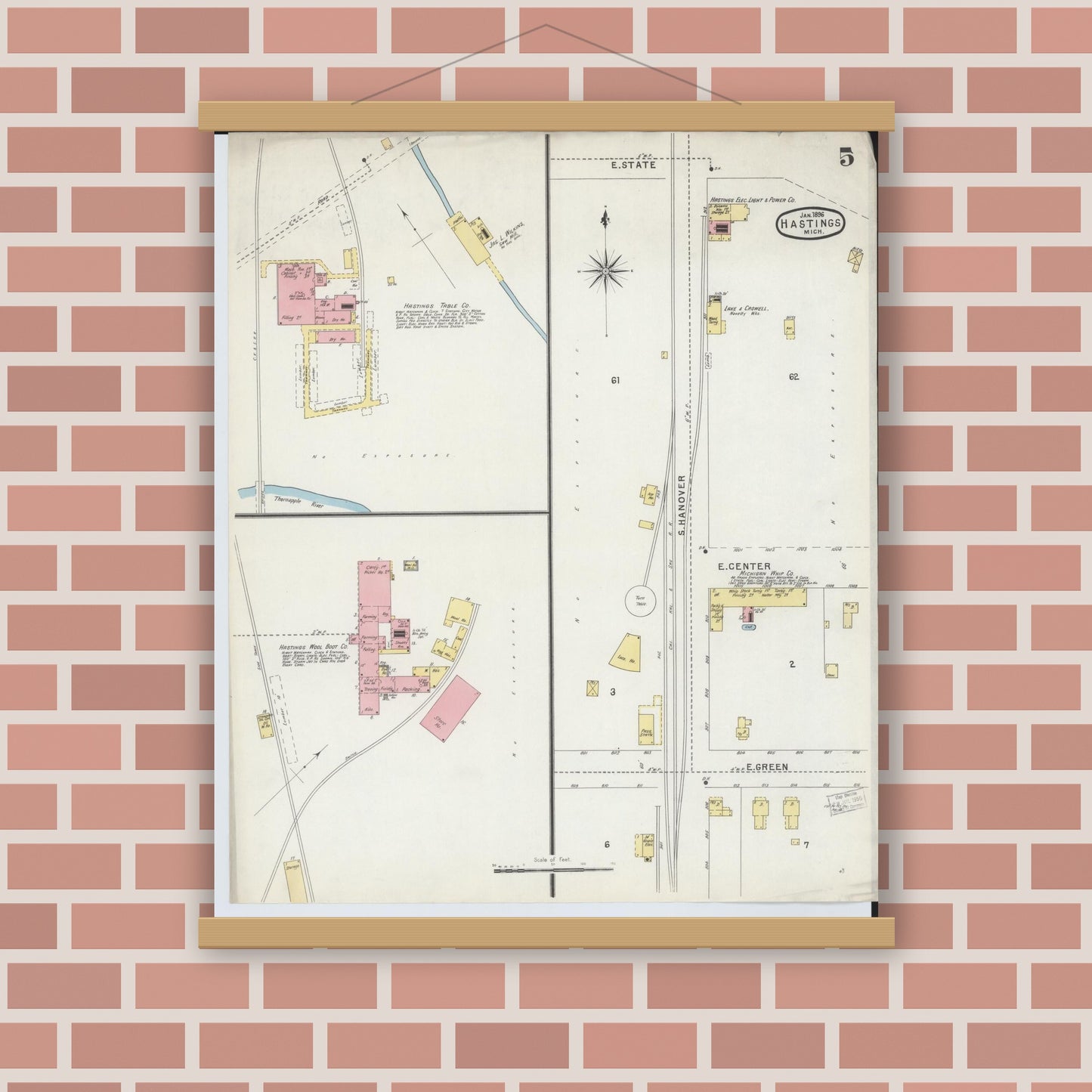 Old map wall art mockup — magnetic wood frame on brick wall — Sanborn Fire Insurance Map from Hastings, Barry County, Michigan (1896), Sheet #0005