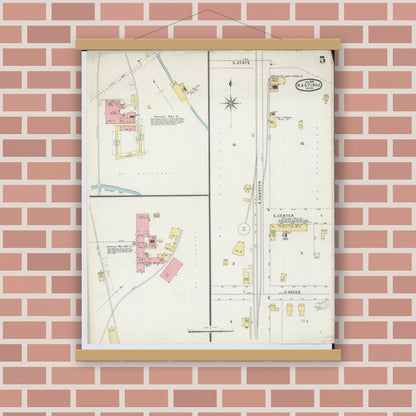 Old map wall art mockup — magnetic wood frame on brick wall — Sanborn Fire Insurance Map from Hastings, Barry County, Michigan (1896), Sheet #0005
