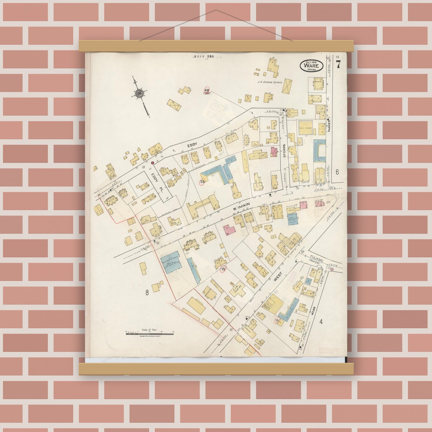 Old map wall art mockup — magnetic wood frame on brick wall — Sanborn Fire Insurance Map from Ware, Hampshire County, Massachusetts (1946), Sheet #0007