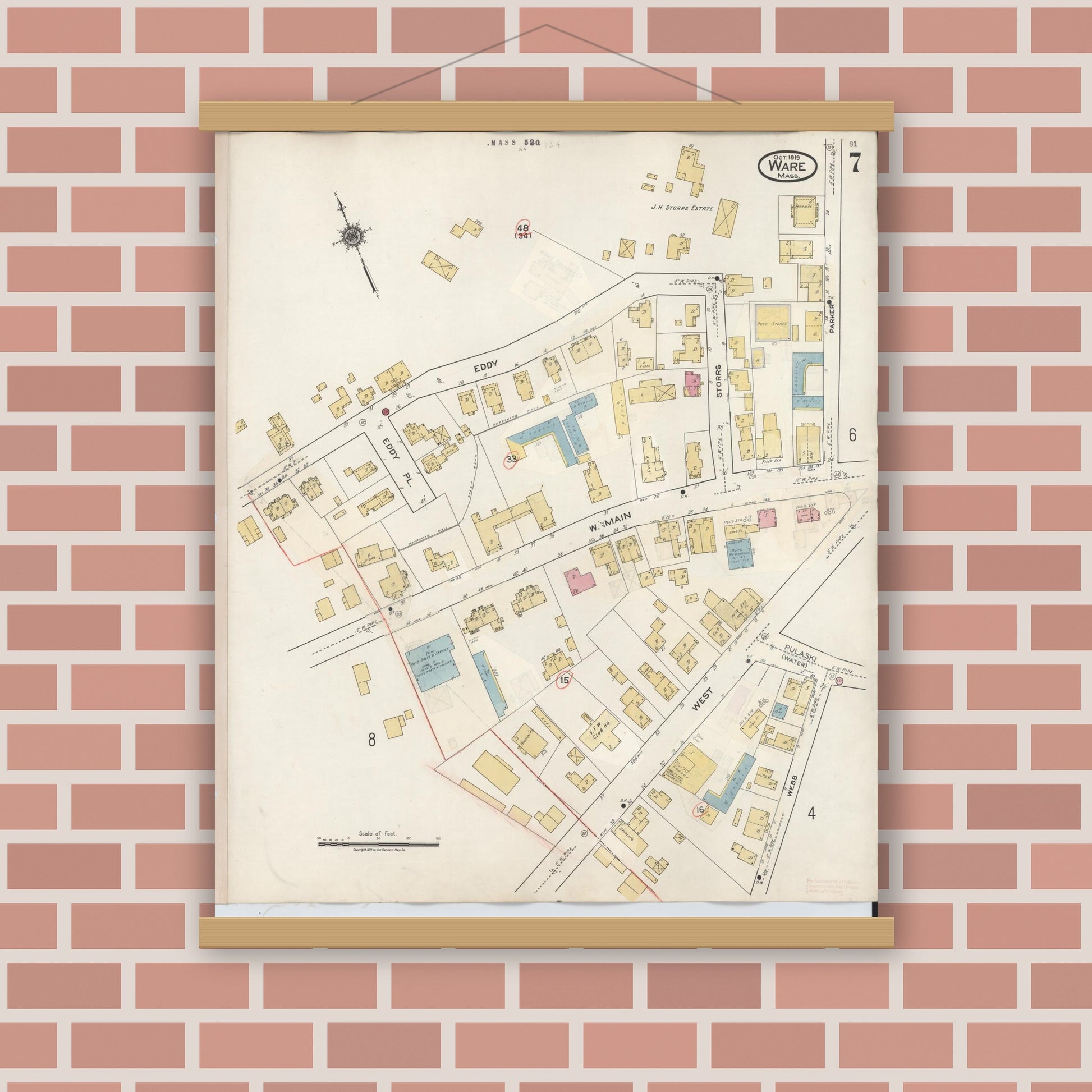 Old map wall art mockup — magnetic wood frame on brick wall — Sanborn Fire Insurance Map from Ware, Hampshire County, Massachusetts (1946), Sheet #0007