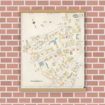 Old map wall art mockup — magnetic wood frame on brick wall — Sanborn Fire Insurance Map from Ware, Hampshire County, Massachusetts (1946), Sheet #0007
