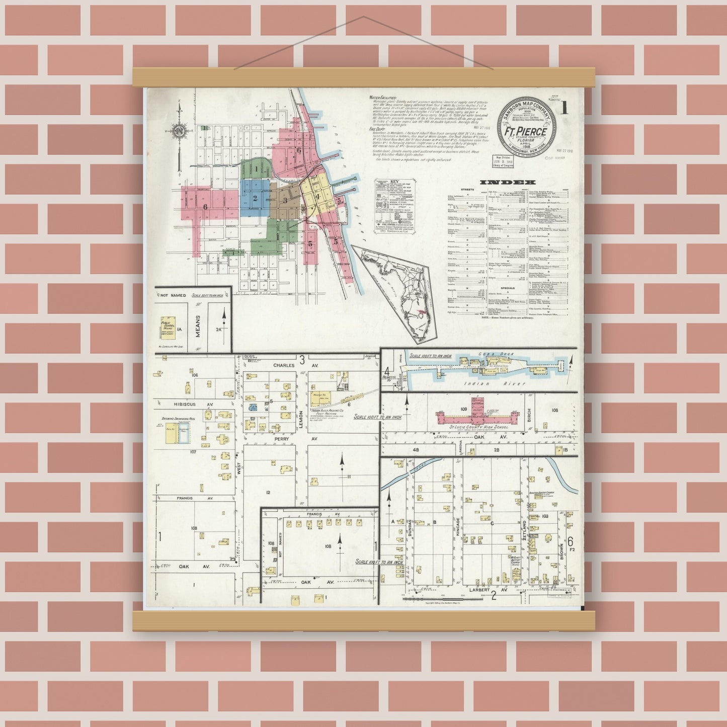 Old map wall art mockup — magnetic wood frame on brick wall — Sanborn Fire Insurance Map from Fort Pierce, St Lucie County, Florida (1918), Sheet #0001