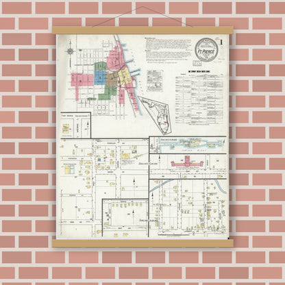 Old map wall art mockup — magnetic wood frame on brick wall — Sanborn Fire Insurance Map from Fort Pierce, St Lucie County, Florida (1918), Sheet #0001