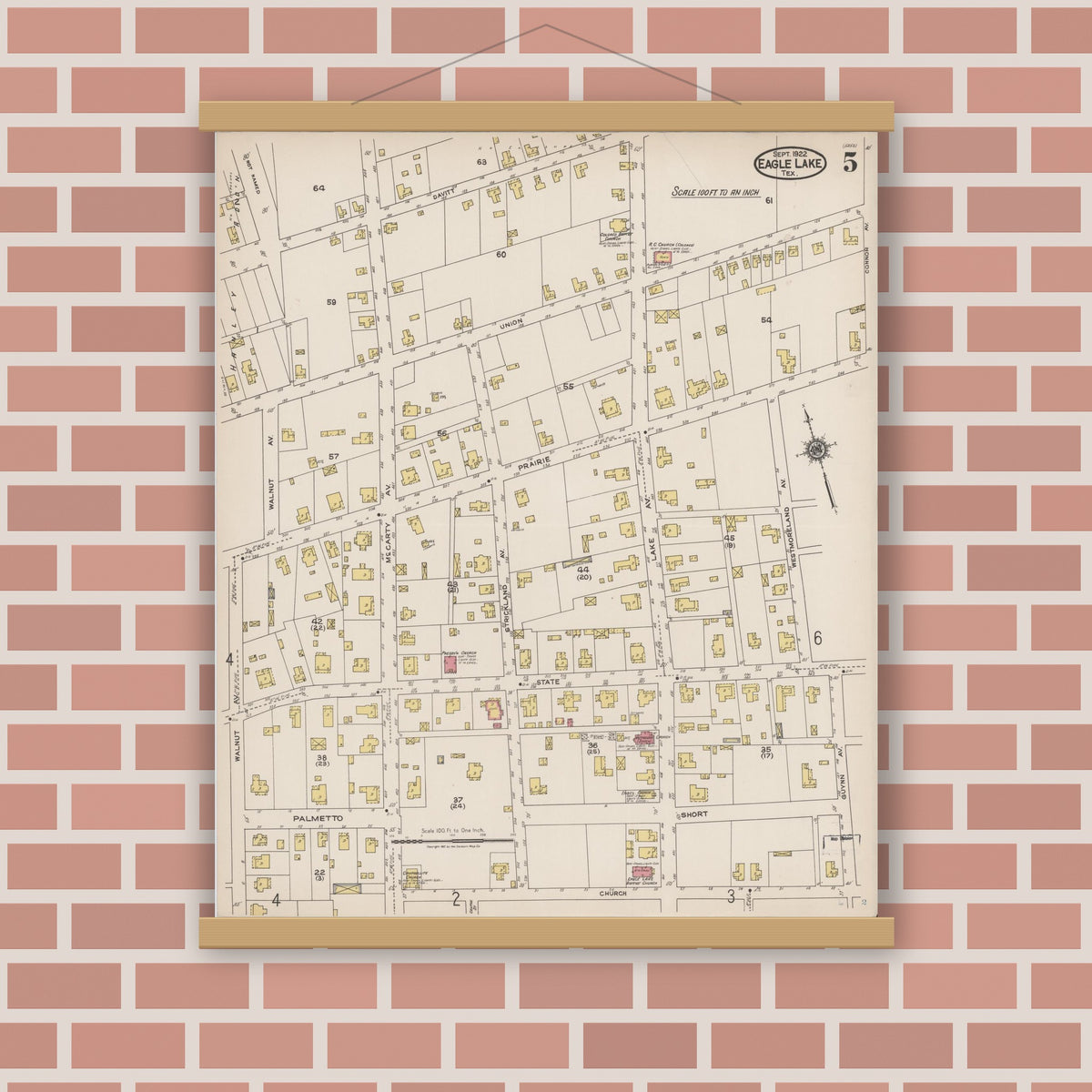 Old map wall art mockup — magnetic wood frame on brick wall — Sanborn Fire Insurance Map from Eagle Lake, Colorado County, Texas (1922), Sheet #0005