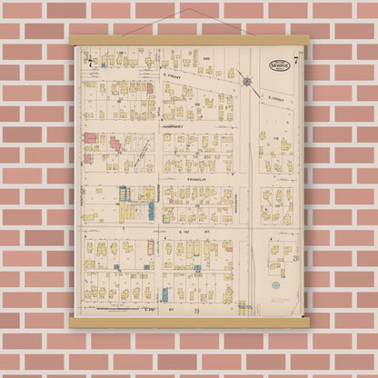 Old map wall art mockup — magnetic wood frame on brick wall — Sanborn Fire Insurance Map from Monroe, Monroe County, Michigan (1922), Sheet #0007