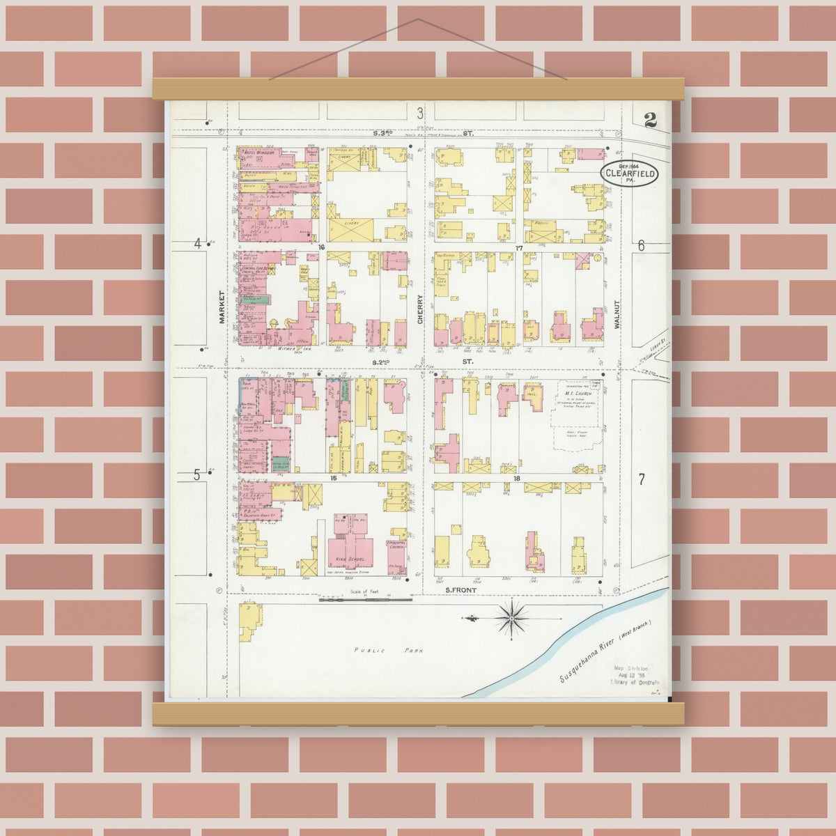 Old map wall art mockup — magnetic wood frame on brick wall — Sanborn Fire Insurance Map from Clearfield, Clearfield County, Pennsylvania (1904), Sheet #0002
