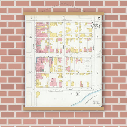 Old map wall art mockup — magnetic wood frame on brick wall — Sanborn Fire Insurance Map from Clearfield, Clearfield County, Pennsylvania (1904), Sheet #0002