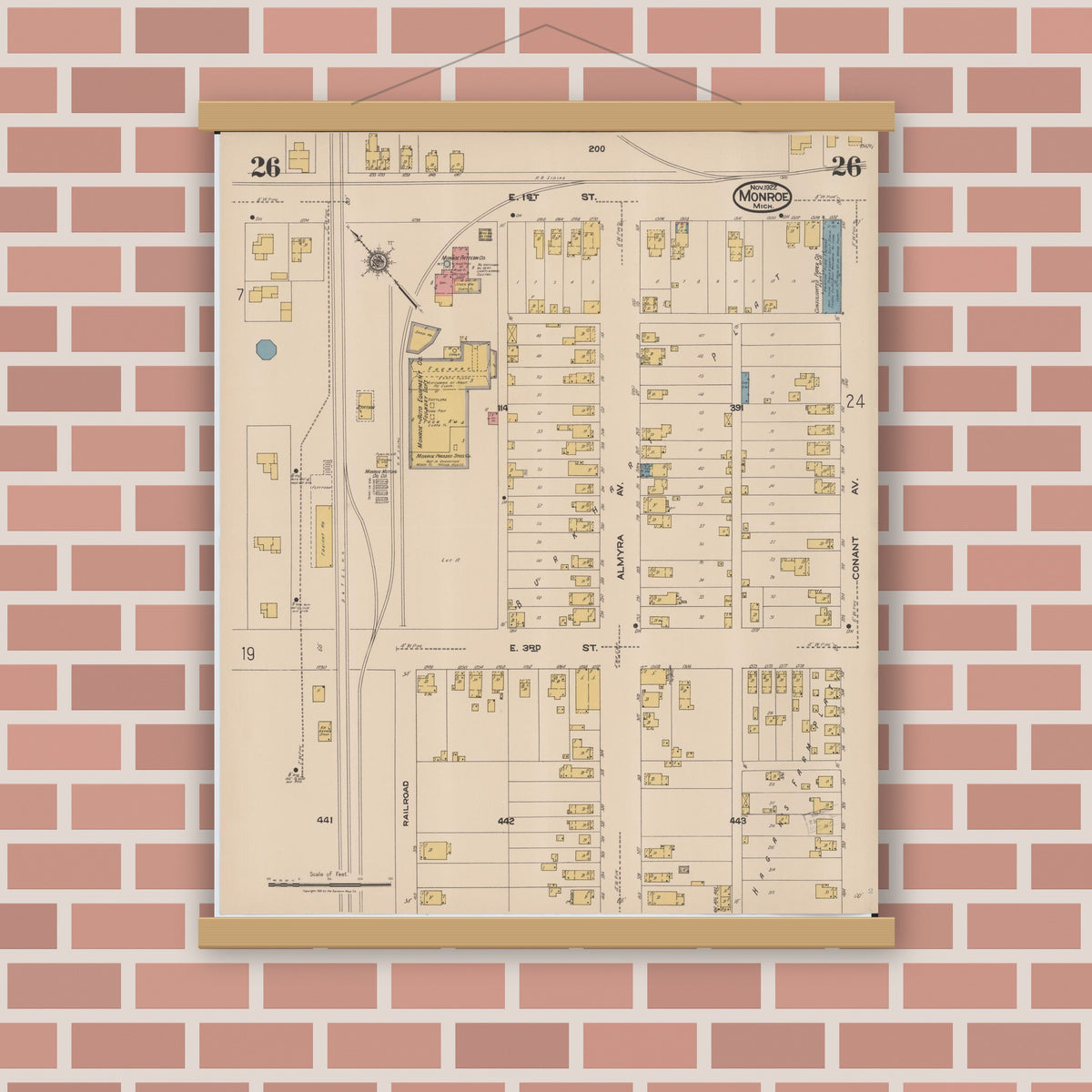 Old map wall art mockup — magnetic wood frame on brick wall — Sanborn Fire Insurance Map from Monroe, Monroe County, Michigan (1922), Sheet #0026