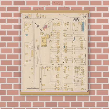 Old map wall art mockup — magnetic wood frame on brick wall — Sanborn Fire Insurance Map from Monroe, Monroe County, Michigan (1922), Sheet #0026