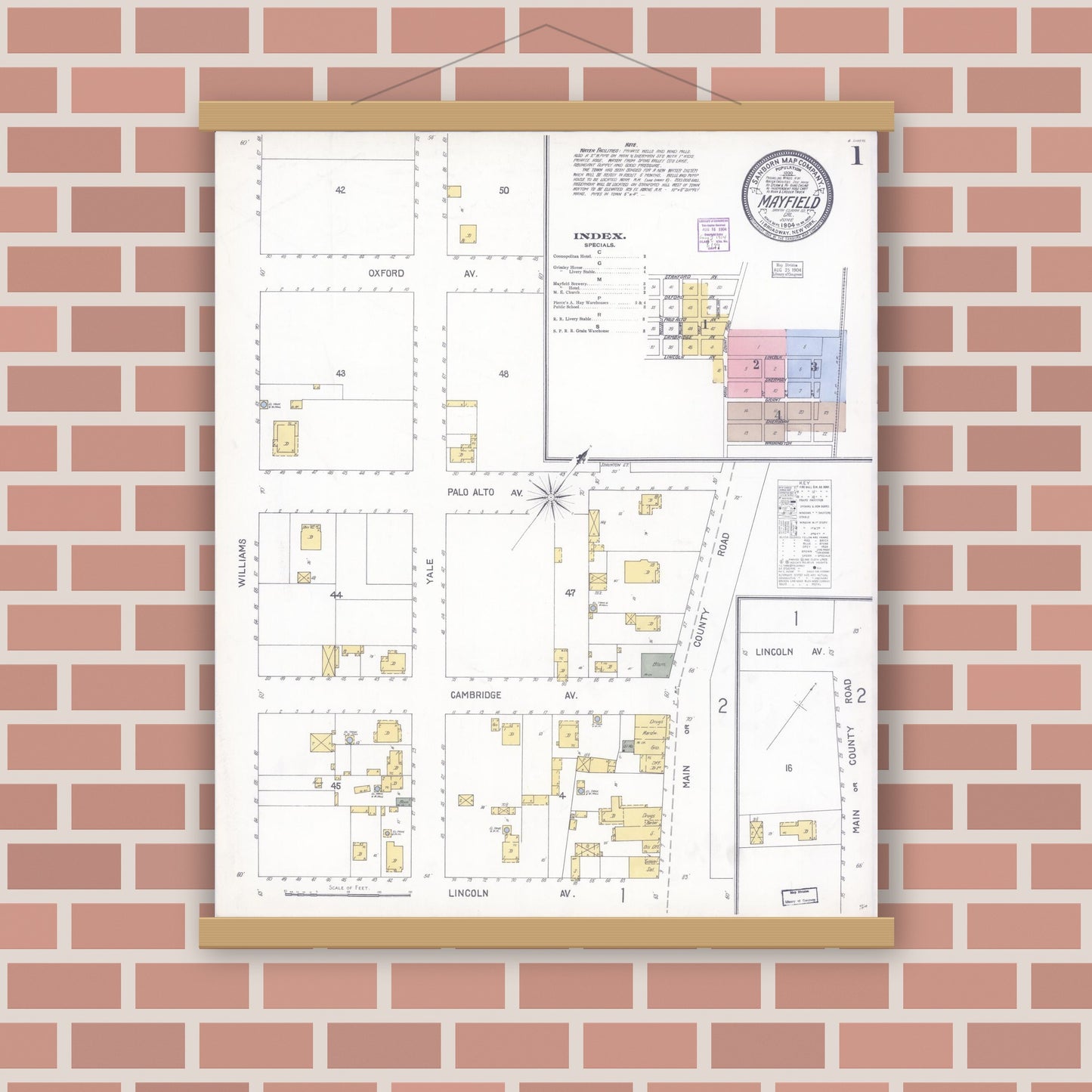 Old map wall art mockup — magnetic wood frame on brick wall — Sanborn Fire Insurance Map from Mayfield, Santa Clara County, California (1904) - Complete Map Set