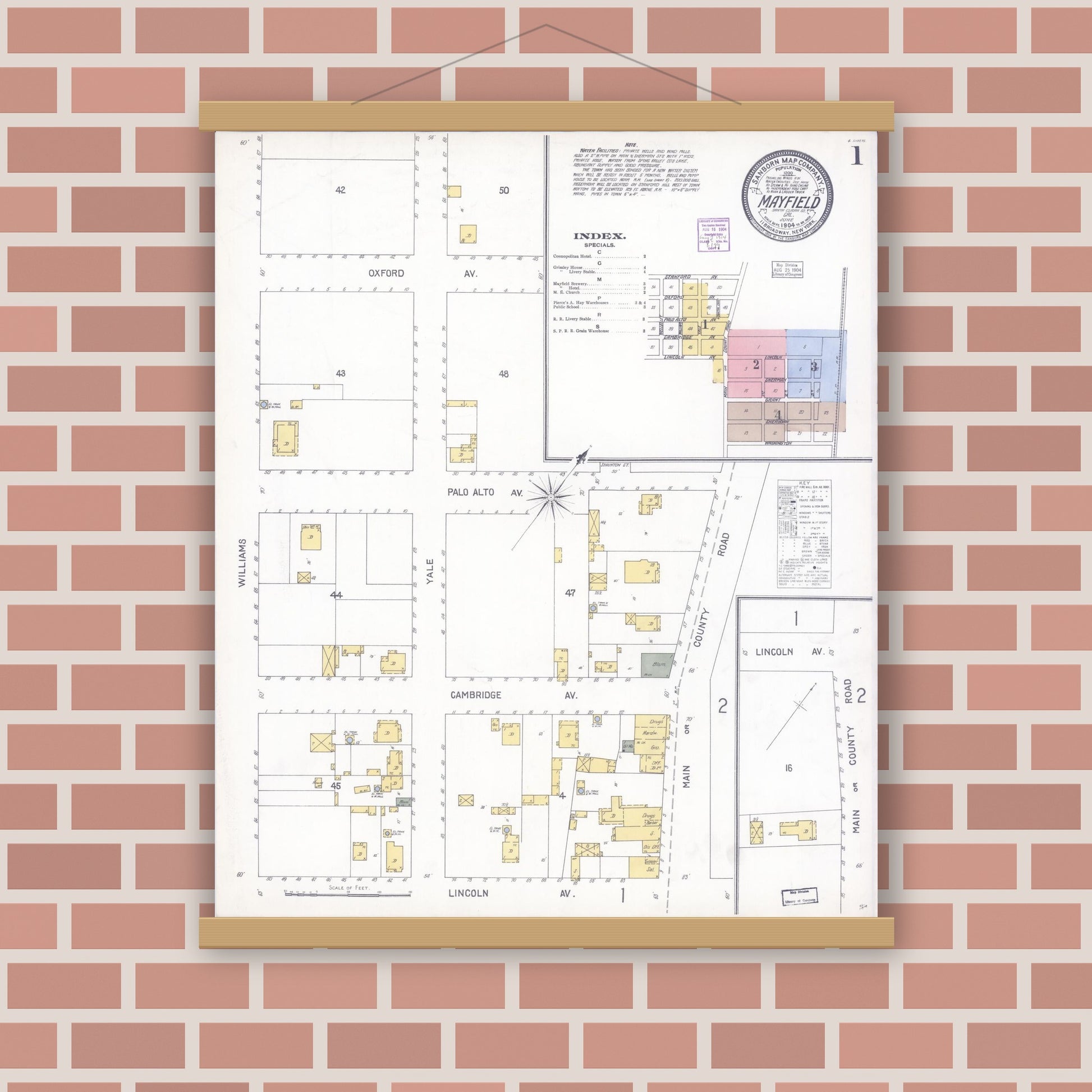 Old map wall art mockup — magnetic wood frame on brick wall — Sanborn Fire Insurance Map from Mayfield, Santa Clara County, California (1904) - Complete Map Set