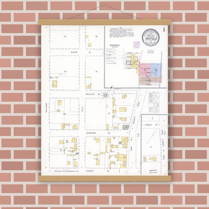 Old map wall art mockup — magnetic wood frame on brick wall — Sanborn Fire Insurance Map from Mayfield, Santa Clara County, California (1904) - Complete Map Set