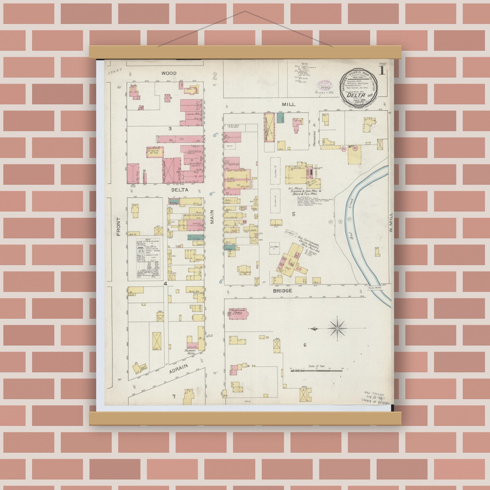 Old map wall art mockup — magnetic wood frame on brick wall — Sanborn Fire Insurance Map from Delta, Fulton County, Ohio (1893) - Complete Map Set