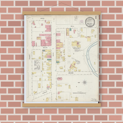 Old map wall art mockup — magnetic wood frame on brick wall — Sanborn Fire Insurance Map from Delta, Fulton County, Ohio (1893) - Complete Map Set