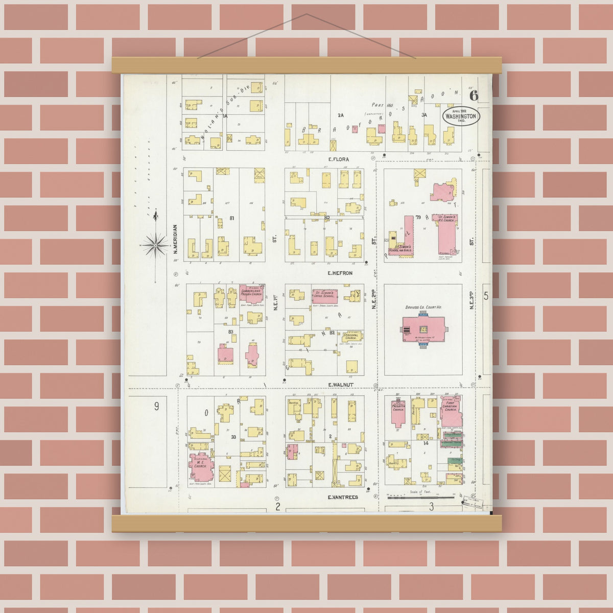 Old map wall art mockup — magnetic wood frame on brick wall — Sanborn Fire Insurance Map from Washington, Daviess County, Indiana (1902), Sheet #0006