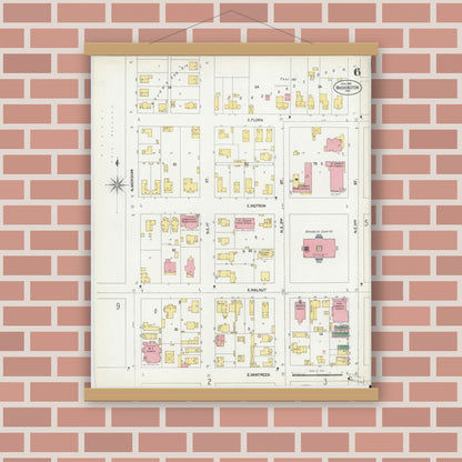 Old map wall art mockup — magnetic wood frame on brick wall — Sanborn Fire Insurance Map from Washington, Daviess County, Indiana (1902), Sheet #0006