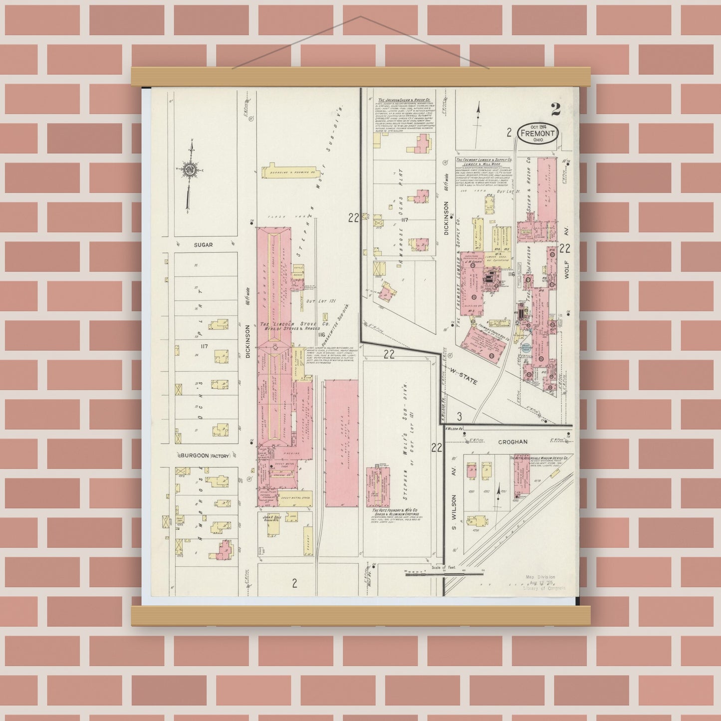Old map wall art mockup — magnetic wood frame on brick wall — Sanborn Fire Insurance Map from Fremont, Sandusky County, Ohio (1914), Sheet #0002