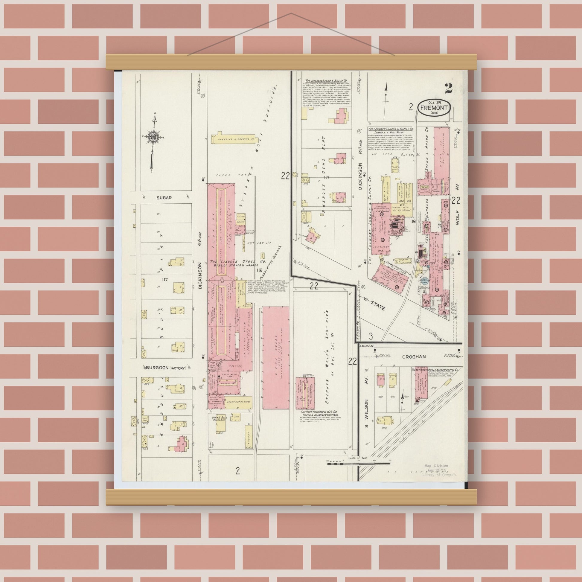 Old map wall art mockup — magnetic wood frame on brick wall — Sanborn Fire Insurance Map from Fremont, Sandusky County, Ohio (1914), Sheet #0002