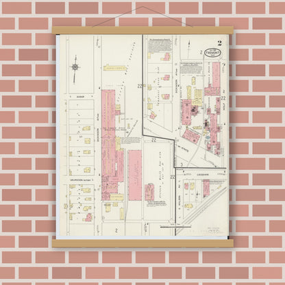 Old map wall art mockup — magnetic wood frame on brick wall — Sanborn Fire Insurance Map from Fremont, Sandusky County, Ohio (1914), Sheet #0002