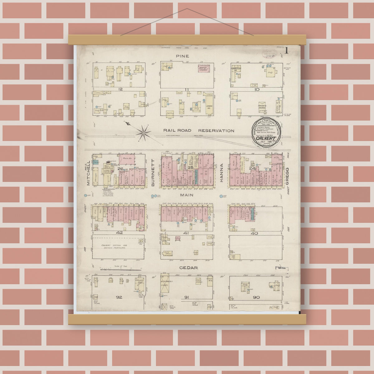 Old map wall art mockup — magnetic wood frame on brick wall — Sanborn Fire Insurance Map from Calvert, Robertson County, Texas (1885) - Complete Map Set