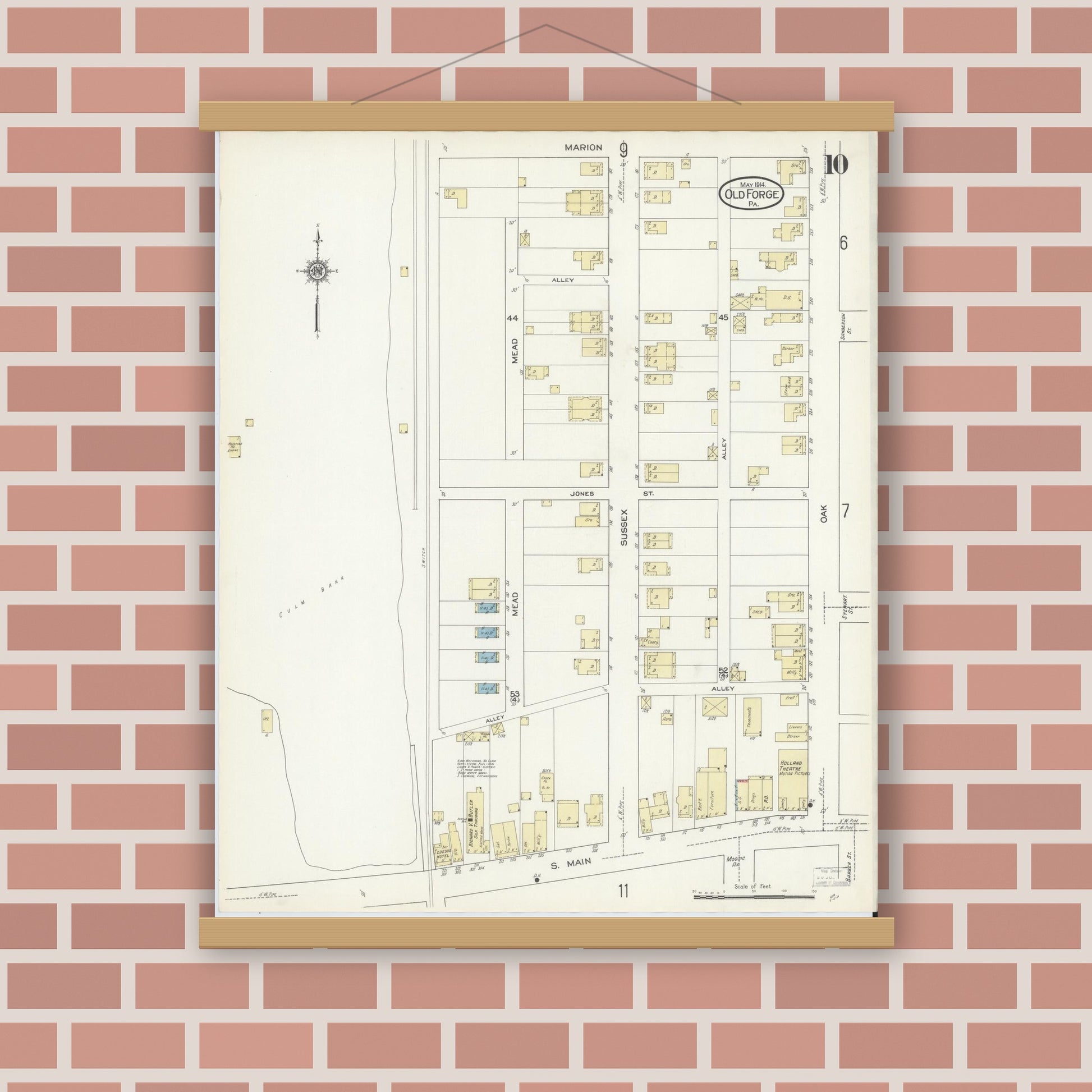 Old map wall art mockup — magnetic wood frame on brick wall — Sanborn Fire Insurance Map from Old Forge, Lackawanna County, Pennsylvania (1914), Sheet #0010